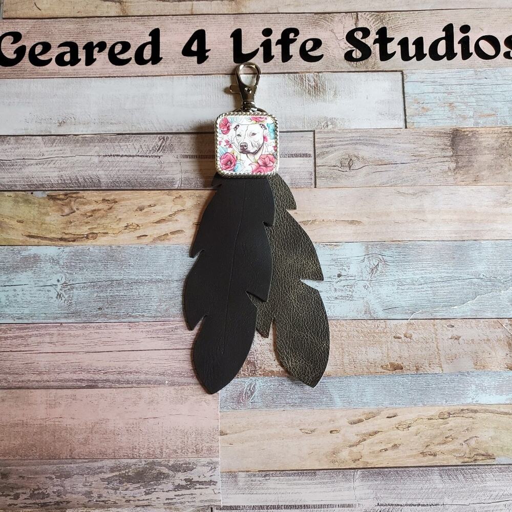 Pitbull keychain unique purse charm leather feather